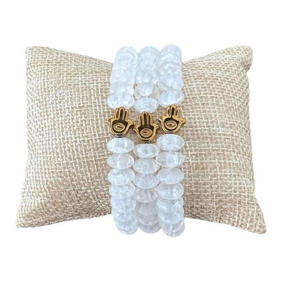 Jewelry - White Quartz and Hematite Beaded Bracelet with Hamsa Hand Set of 3